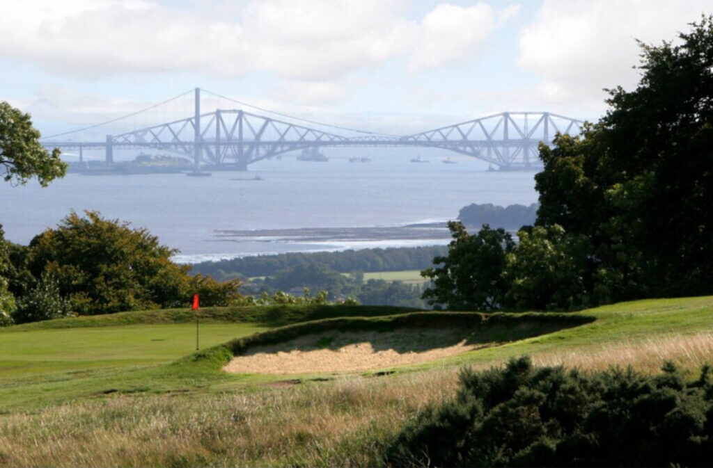 View from Ralston Golf Course looking across the Firth of Forth towards the Forth Rail Bridge and Queensferry Crossing